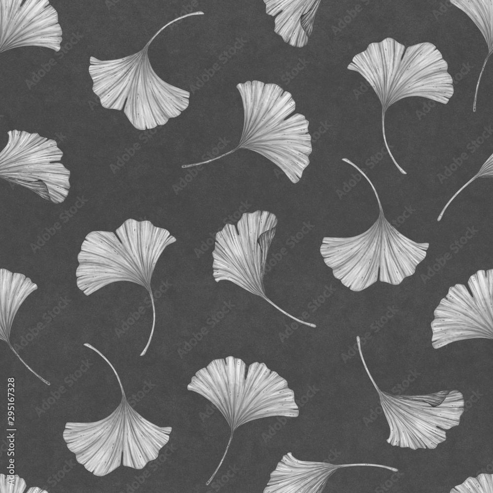 Leaves of Ginkgo Biloba on a dark grey background. Seamless pattern