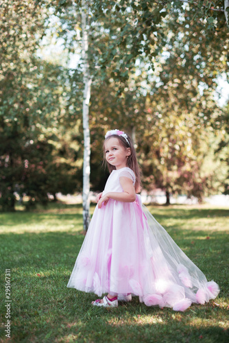 Little girl in a beautiful dress of pink color in the park with a brown pony.