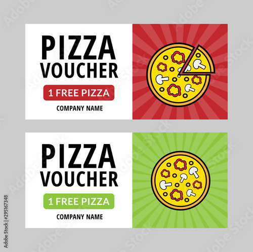Pizza voucher templates. Set of vector free pizza coupons for restaurant, cafe, delivery. Tasty pizza on the bright green and red background with rays of light. Standard size: 210 * 99 mm (8,3*3,4 in)