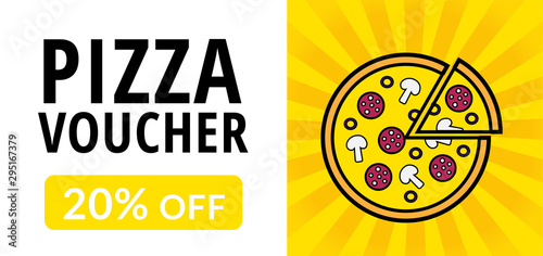 Bright pizza voucher design. Vector 20% off discount coupon for pizzeria, restaurant, cafe. Tasty pizza on the yellow background with rays of light. Standard size: 210 * 99 mm (8,3*3,4 in)