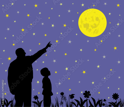 Father is showing full moon to his amazed child. Father is pointing at big full moon and his son is looking with wow face expression. Father is teaching kid about science, astronomy or religion.