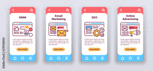 Marketing channels on mobile app onboarding screens. Flat icons, SMM, email marketing, SEO, online advertising. Banners for website and mobile kit development.