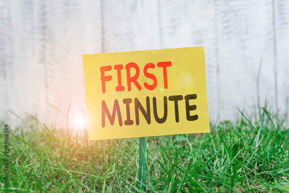 Obraz premium Writing note showing First Minute. Business concept for promotional offers last within a very short amount of time Plain paper attached to stick and placed in the grassy land