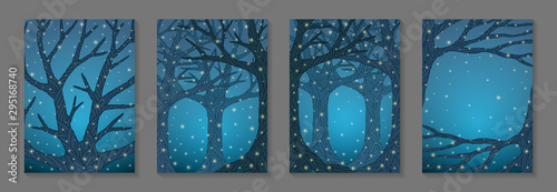 Set of blue backgrounds with magic trees in the night forest with fireflies.