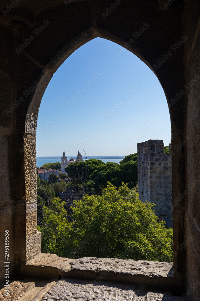View from an old window at the Sao Jorge Castle (Saint George Castle, Castelo de Sao Jorge) in Lisbon, Portugal.