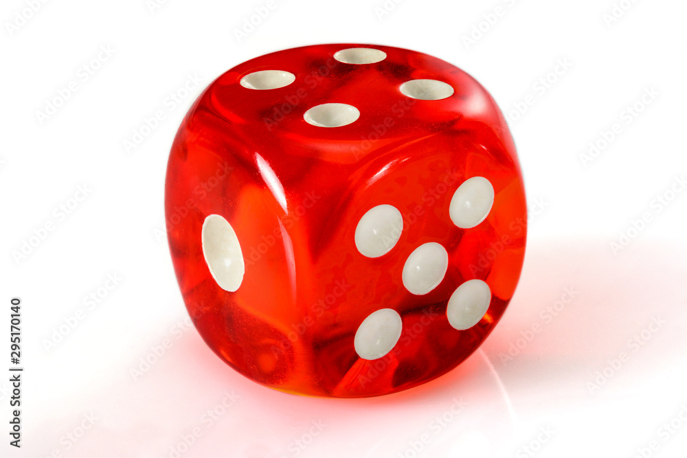Red acrylic transparent dice for games. Gambling translucent dices on white background, macro close-up high resolution. Red acrylic transparent dice for games. Gambling translucent dices on white background, macro close-up high resolution.