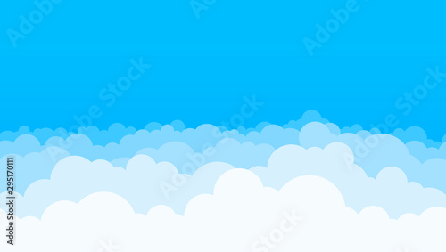 Clouds and blue sky background. Vector flat air white cloud cartoon on sky horizon