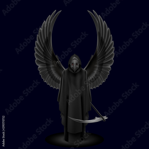 Plague Doctor with Two Wings Up Over. Medieval Death Symbol Plague Doctor Mask Isolated on Black Background for Web, Poster, Info Graphic