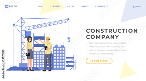 Construction company landing page vector template. Building industry, architecture website homepage interface idea with flat illustration. Professional contractors service web banner cartoon concept