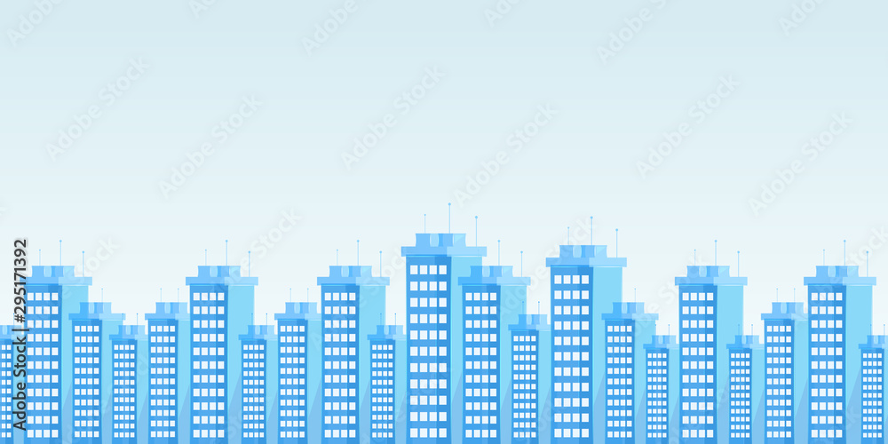 Modern urban skyline flat vector illustration. Contemporary city architecture, business district cityscape decorative backdrop with copyspace. High rise apartments, office buildings panorama