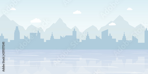 Foggy cityscape panorama flat vector illustration. Urban landscape, modern metropolis skyline decorative background concept with copyspace. Scenic coastline, buildings and mountains silhouette