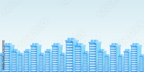 Modern urban skyline flat vector illustration. Contemporary city architecture  business district cityscape decorative backdrop with copyspace. High rise apartments  office buildings panorama
