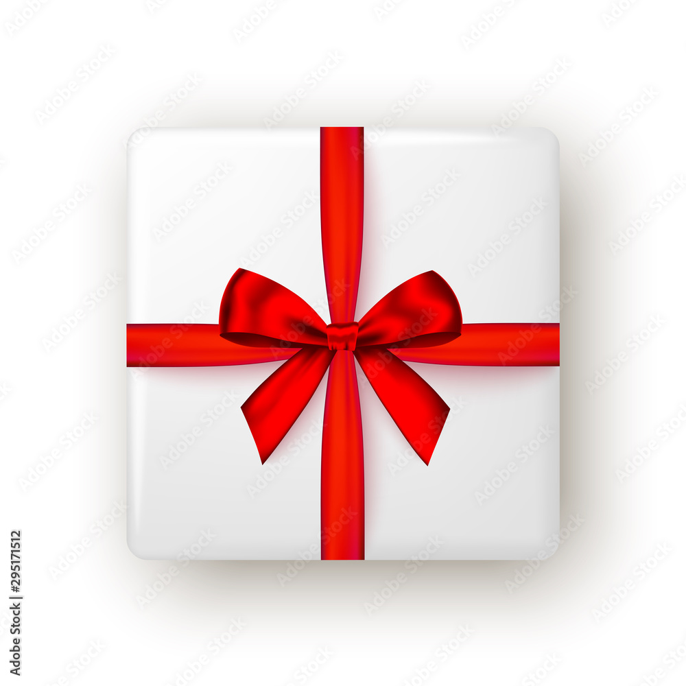 Gift box with red ribbon and bow, top view. Gift box with red ribbon and bow, top view.