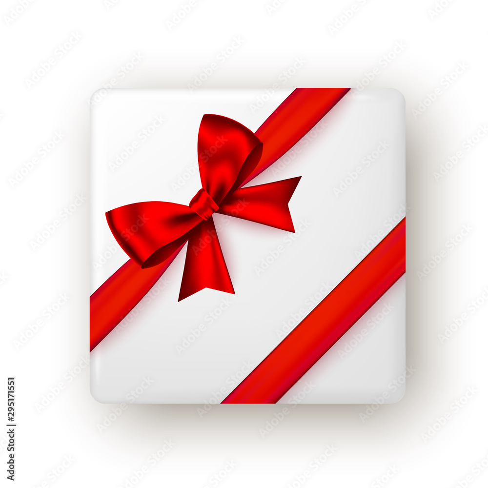 Gift box with red ribbon and bow, top view. Gift box with red ribbon and bow, top view.
