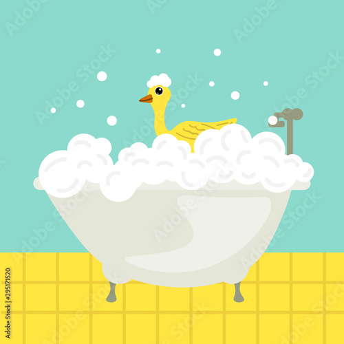 Bathtime with soap foam and yellow rubber duck. Bath with foam and toy duck, bubble water foam. Bathroom. Vector illustration.