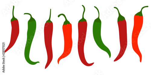 Spicy chili peppers, red, green flat icons, vegetables for hot dishes isolated on white background. Vector illustration. 
