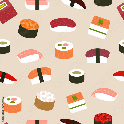 Vector seamless pattern of various traditional sushi.