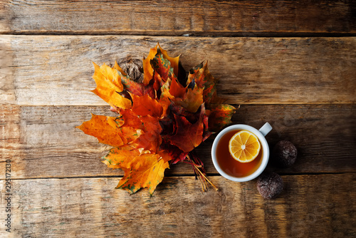 Autumn wood background with orange maple leaves © nata_vkusidey