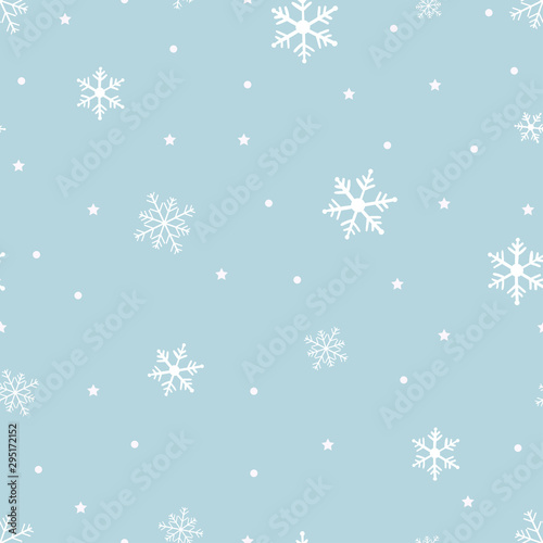 Seamless pattern cold Winter in Christmas Day with Cute cartoon snowflakes in different size on blue background Vector seamless for wrapping paper or fabric