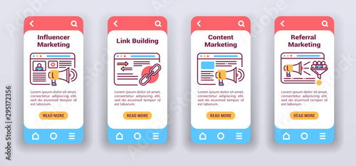 Marketing channels on mobile app onboarding screens. Flat icons, influencer, link building, content, referral marketing.