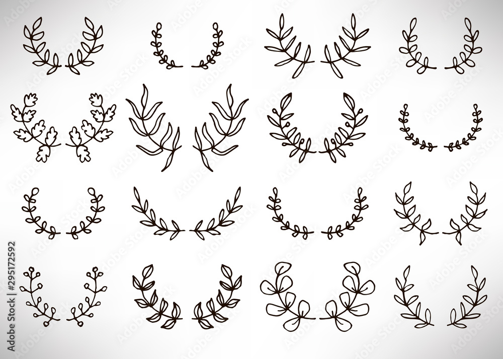 Black thin line wreath of hand drawn branches and leaves isolated on white background. Floral round frame. Laurel. Vector illustration. 