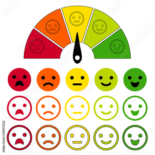 Emotion scale. Emotions dial measuring, emotive meter, emotes score for customer satisfaction from excellence to poorly rating isolated on white background. Vector illustration.