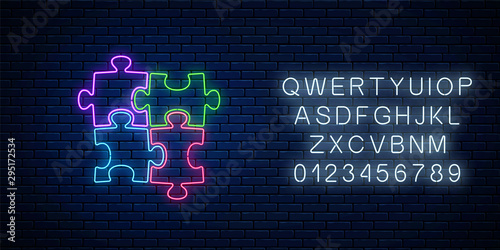 Neon puzzle pieces. Glowing neon icon of logical concept with alphabet. Thinking game symbol. Vector illustration.