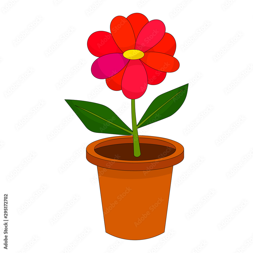 Bright cartoon flower in the pot isolated on white background. Vector illustration.   