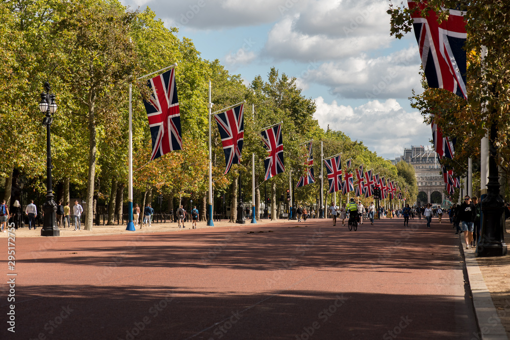 Royal way, british flags, London, United Kingdom.