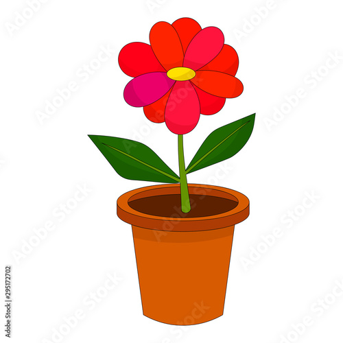 Bright cartoon flower in the pot isolated on white background. Vector illustration.   