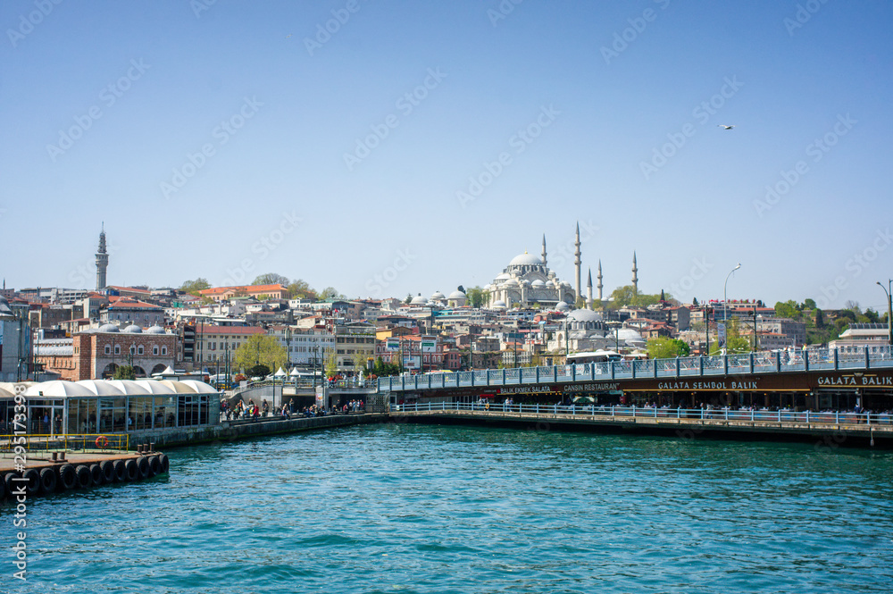 Istanbul / Turkey - April 24 2019 : view of eminonu area from the boat
