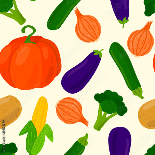 Vegetables seamless pattern. Pumpkin and onion, potato and corn, broccoli and zucchini, eggplant. Vector illustration.