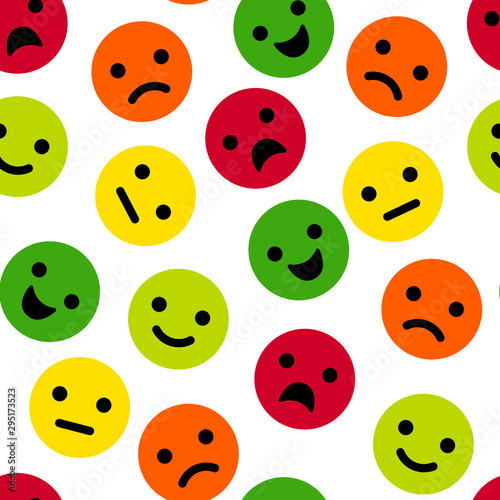 Seamless pattern with cute feedback emotions. Background with colorful cartoon emotional faces. Vector illustration.