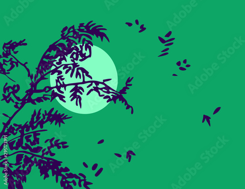 Windy Landscape with Trees Silhouette in Moonlight