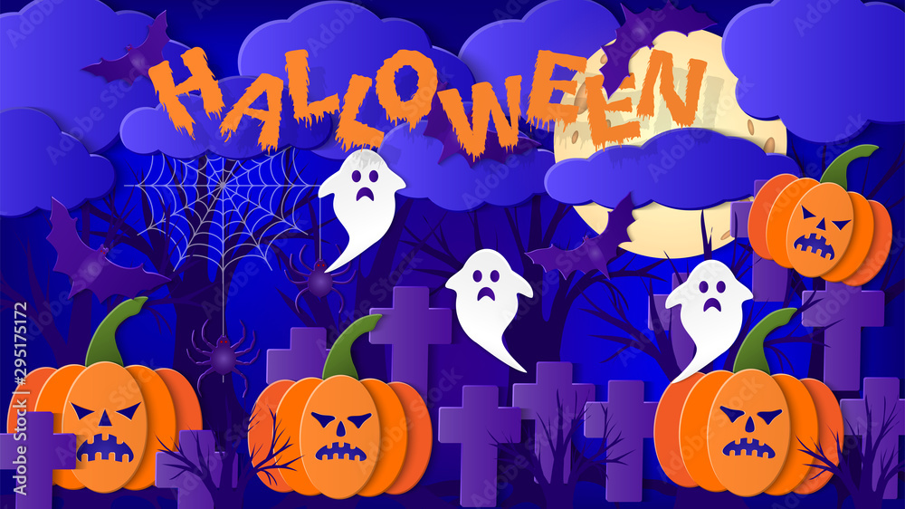 Halloween. 3d with paper cut shapes. Text for your design. Vector illustration. Halloween. 3d with paper cut shapes. Text for your design. Vector illustration.
