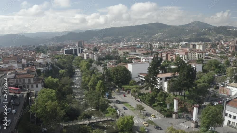 Aerial view of Cuenca Ecuador in south America, river and colonial downtown