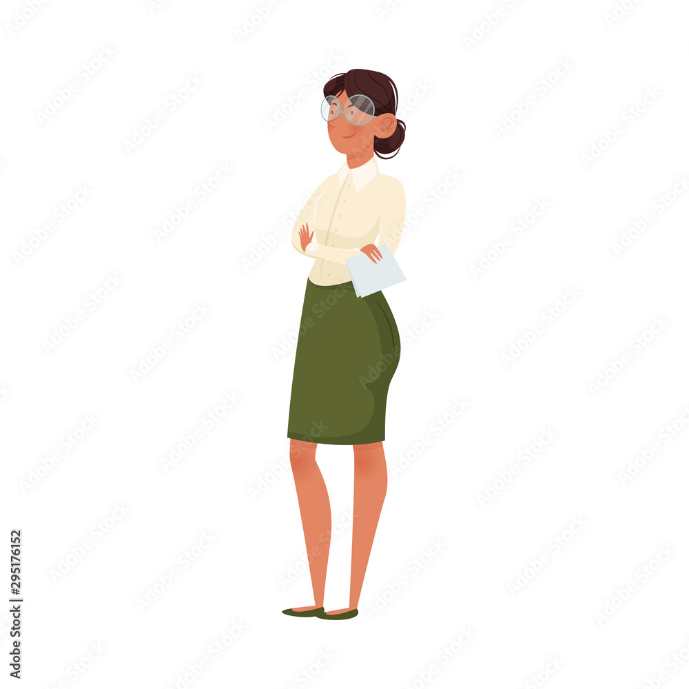 A school teacher in glasses holds the exercise book. Vector illustration isolated on white background A school teacher in glasses holds the exercise book. Vector illustration isolated on white background