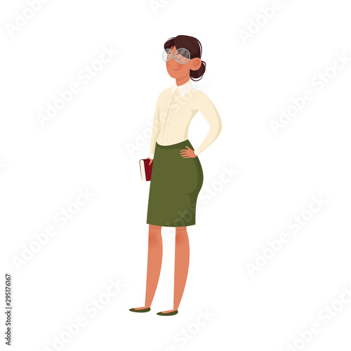 A school teacher in green skirt holds a book. Vector illustration isolated on white background