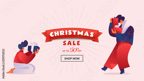 Christmas discount vector landing page template. People holding wrapped gift boxes. Winter holidays 50 percent price reduction  special price advert for online store homepage design layout