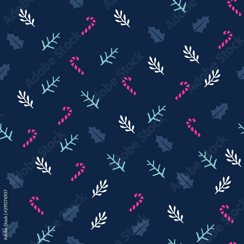 Christmas or New Year seamless pattern background with candies, and forest leaves retro style vector winter design