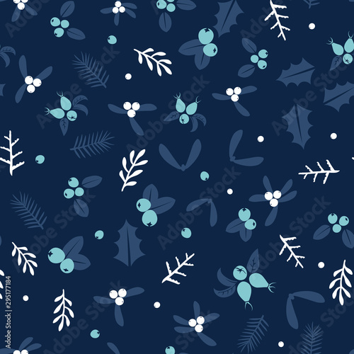 Winter nature seamless pattern background with wild forest berries and leaves retro style vector design