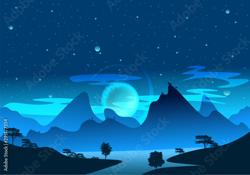 Magic blue and light art nature landscape illustration of a mountain lake in the morning. Fantasy sunrise and starry sky full of fog, mist and shadows.