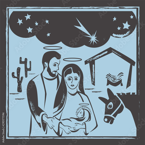 Nativity scene vector. Christmas woodcut style illustration.