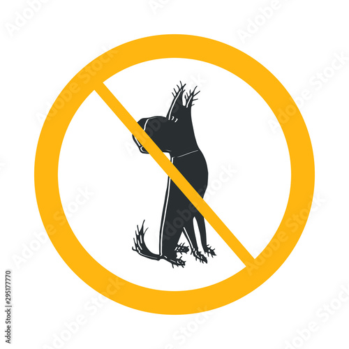 Vector pet, dog  not allowed sign on white background with yellow circle.  Illustration can use in cafe, restaurant. 