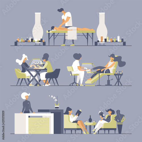 Beauty salon flat vector illustrations set. Beauticians, masseur, receptionist and customers cartoon characters. Relaxing massage, manicure and pedicure procedures, women wait at reception
