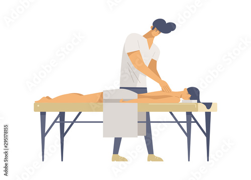Professional massage therapy flat vector illustrations. Young specialist and customer cartoon characters. Relaxing body care procedure, spa center service, masseur occupation design element