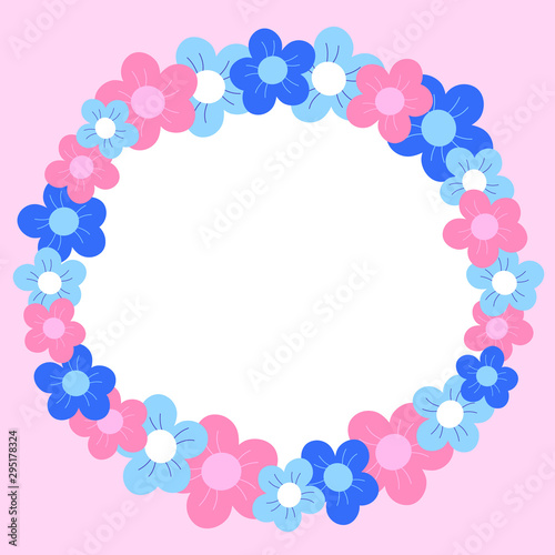 Vector illustration of a bright floral wreath frame with pink and blue flowers. © MinimoleStudio
