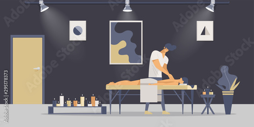 Relaxing massage therapy flat vector illustrations. Young professional masseur and customer in room with candles cartoon characters. Therapeutic body care procedure, aromatherapy, spa salon service