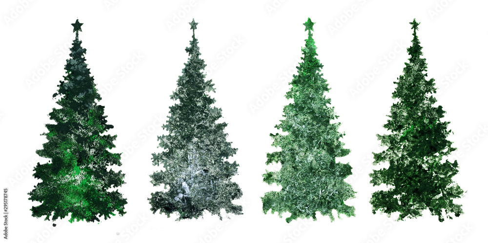 Set of green fir trees. Collection of colorful trees for creating greeting cards. Beautiful Christmas trees, set of elements for design. Christmas trees isolated on a white background.