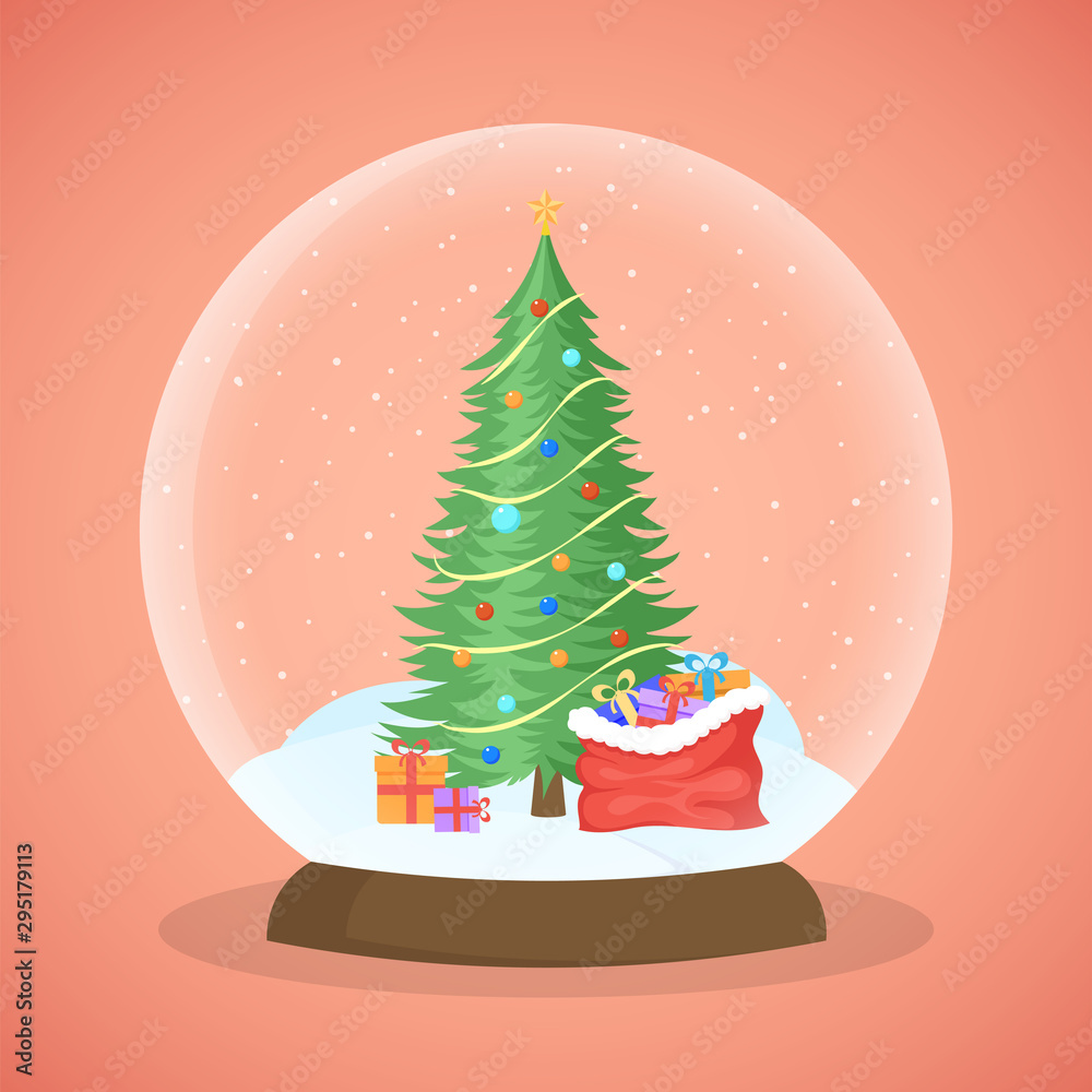 Xmas tree snow ball vector illustration. Crystal glass globe, Christmas toy,  New Year decoration on pink background. Holiday spirit decor element,  present idea, congratulation concept Stock Vector | Adobe Stock